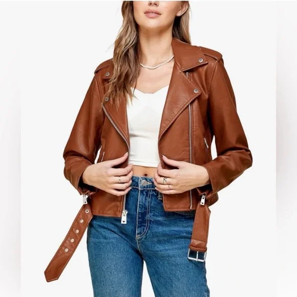 LEVI’S faux leather moto jacket cognac brown Women’s size Small 90’s style CBK - Picture 13 of 17